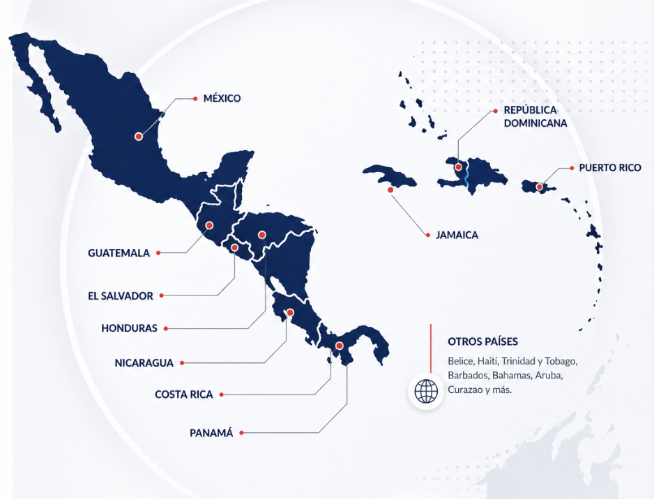 Mapa ilustrativo de cobertura regional en Centroamérica y el Caribe